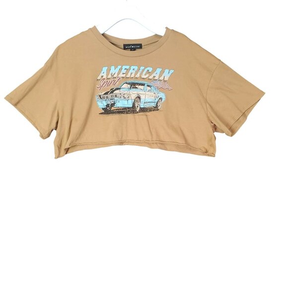 SOCIAL SCENE Women T-Shirt XL Crop Brown American Spirit Mustang Muscle Car USA - Picture 1 of 7